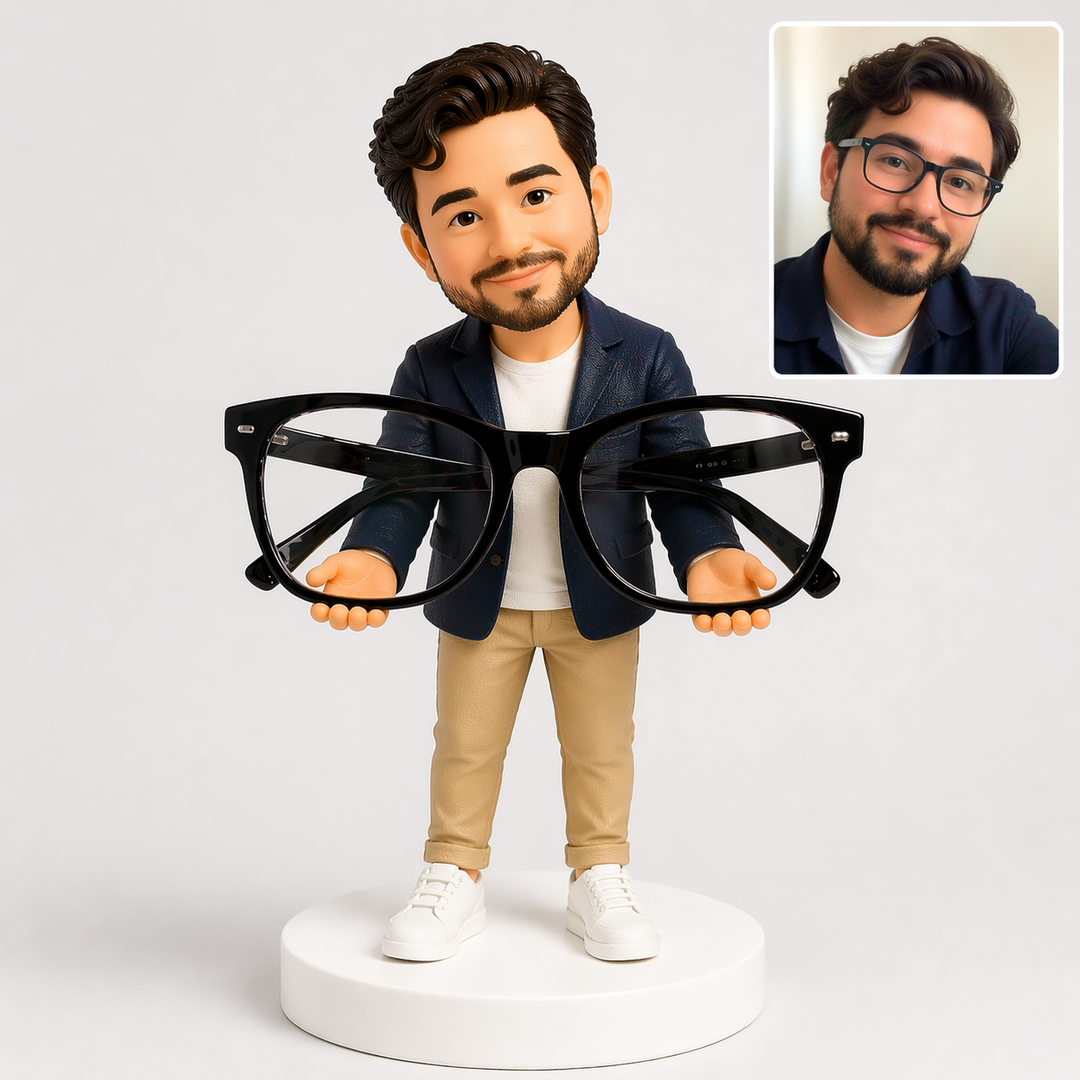 Custom Bobblehead Glasses Holder – Personalized Eyeglass Stand (Holds Real Glasses Securely)