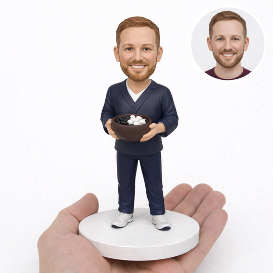 Custom Go Player Bobblehead – Personalized Board Game Figurine with Go Stones Bowl