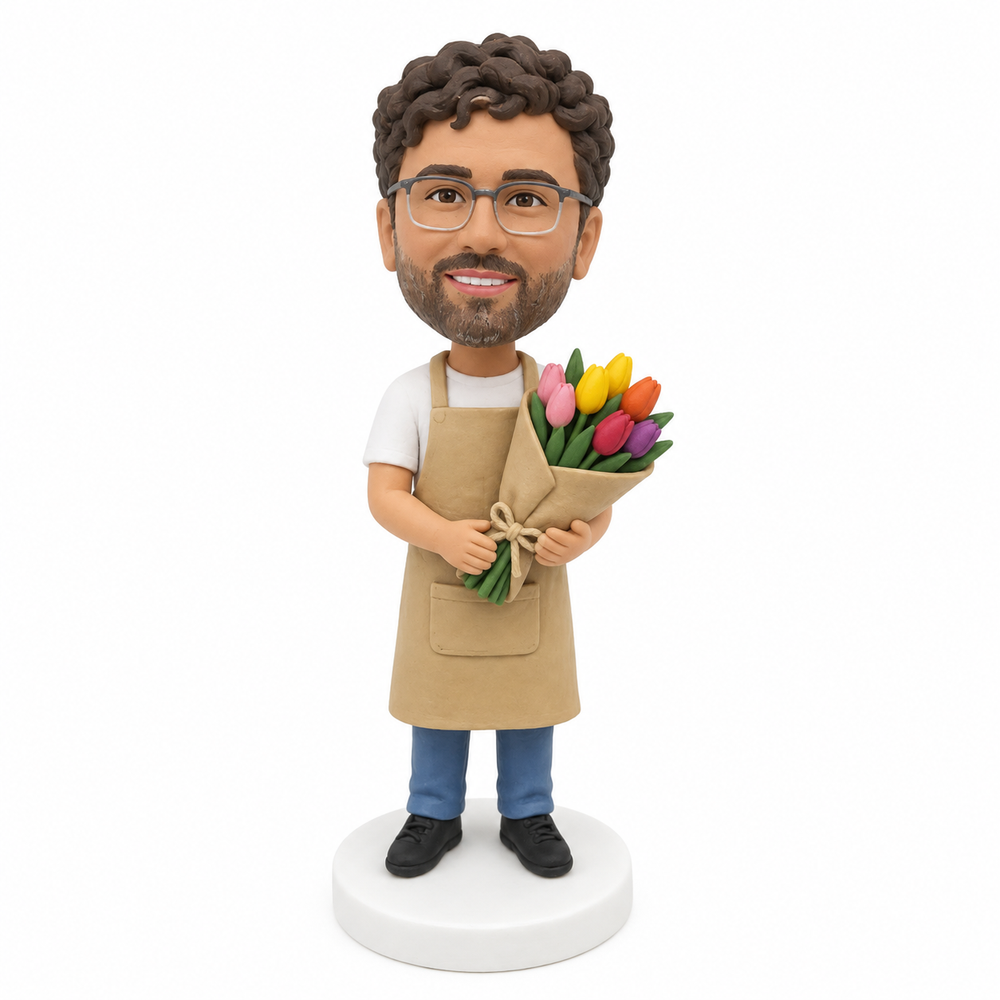 Custom Florist Bobblehead – Personalized Flower Shop Gift with Bouquet