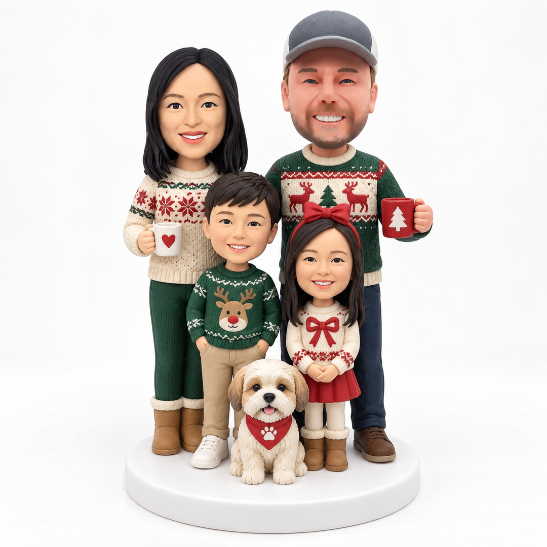 Custom Family Christmas Bobblehead – Personalized Holiday Figurine with Kids & Pets