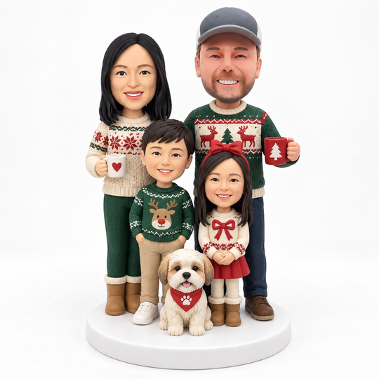 Custom Family Christmas Bobblehead – Personalized Holiday Figurine with Kids & Pets