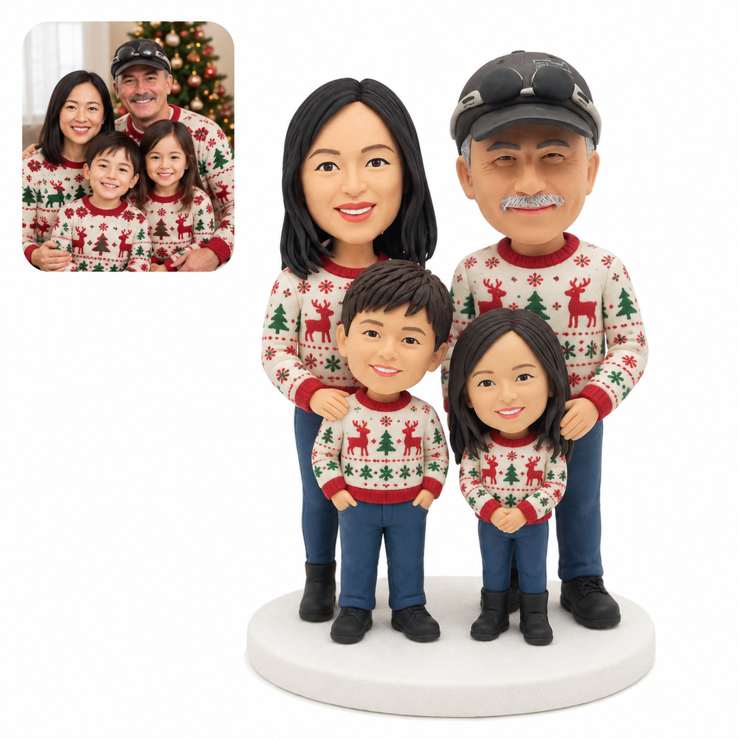 Custom Family Christmas Bobblehead – Personalized Holiday Figurine with Kids & Pets