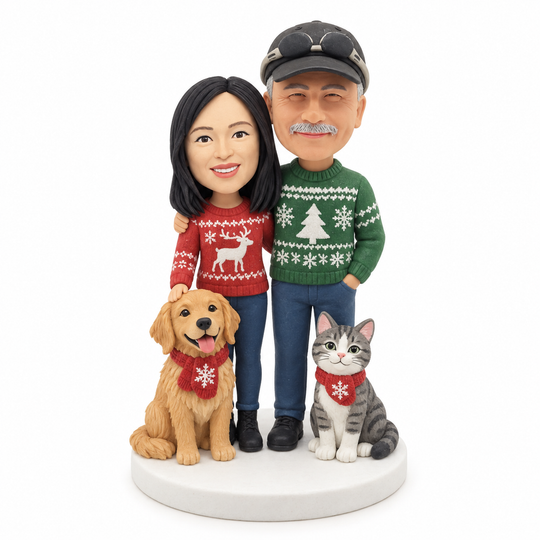 Custom Family Christmas Bobblehead – Personalized Holiday Figurine with Kids & Pets