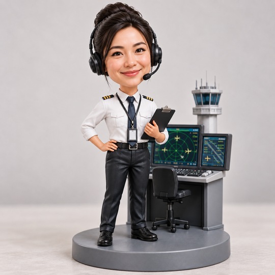 Asian female air traffic controller bobblehead with headset and clipboard at radar workstation