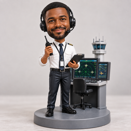 Black male air traffic controller bobblehead with headset, radio and radar workstation