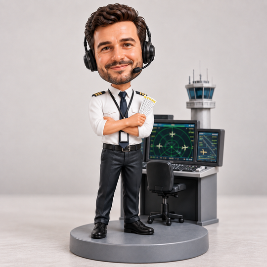 Air traffic controller bobblehead with headset and flight strips at radar console