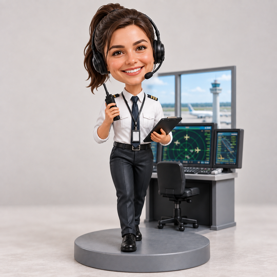 Female air traffic controller bobblehead walking beside radar workstation