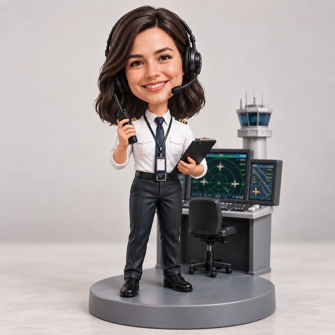 Female air traffic controller bobblehead with headset and radar workstation