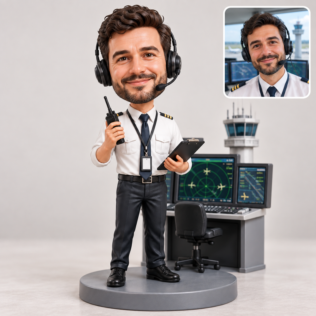 Custom air traffic controller bobblehead beside a matching portrait reference
