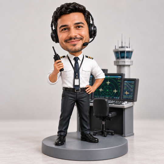 Air traffic controller bobblehead with headset and handheld radio beside radar monitors