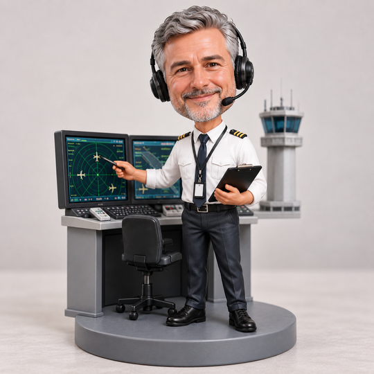 Senior air traffic controller bobblehead pointing at radar monitors