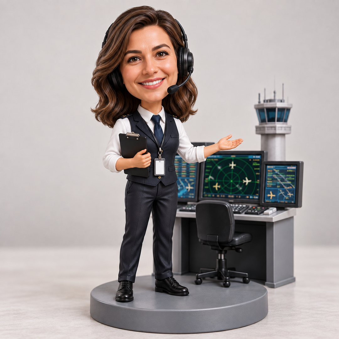 Female air traffic controller bobblehead in vest with headset and radar workstation