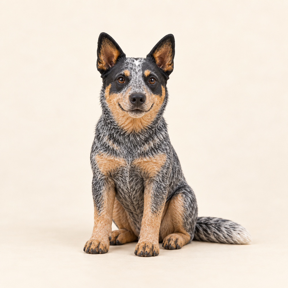Illustrative front view of a custom Australian Cattle Dog polymer clay figurine.