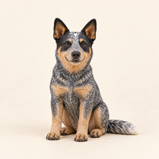Illustrative front view of a custom Australian Cattle Dog polymer clay figurine.