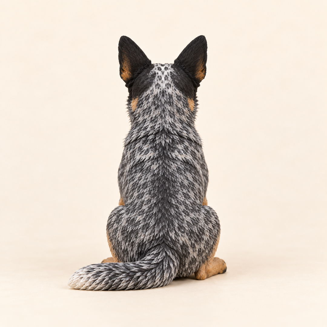 Illustrative rear view of a custom Australian Cattle Dog polymer clay figurine.