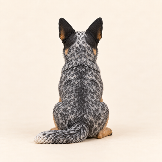 Illustrative rear view of a custom Australian Cattle Dog polymer clay figurine.