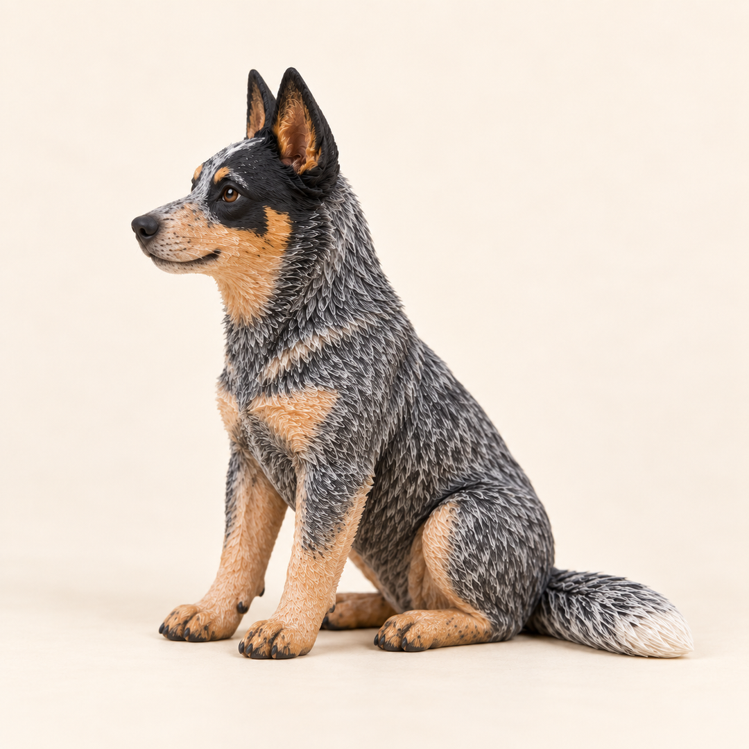 Illustrative side view of a custom Australian Cattle Dog polymer clay figurine.