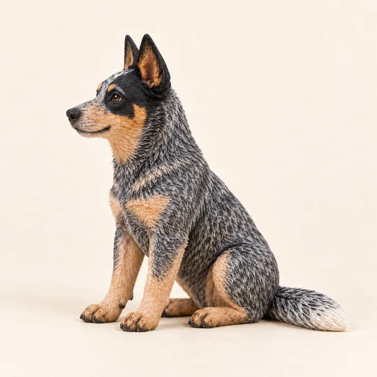 Illustrative side view of a custom Australian Cattle Dog polymer clay figurine.