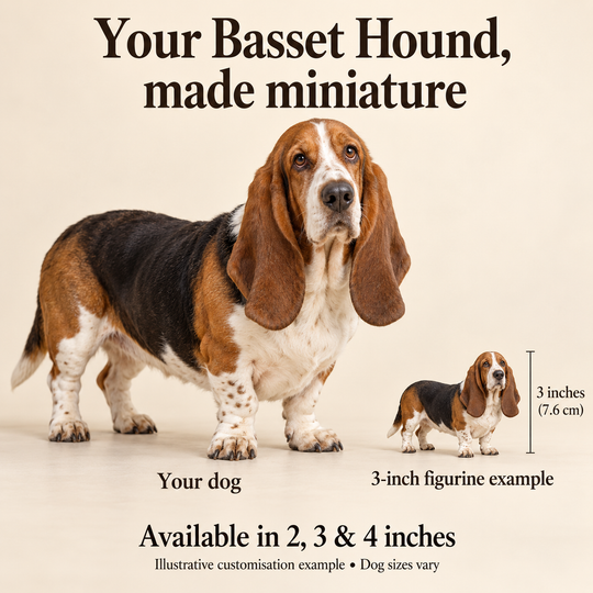 Illustrative Basset Hound comparison showing a small 3-inch figurine beside a dog; available in 2, 3 and 4 inches. Dog sizes vary.