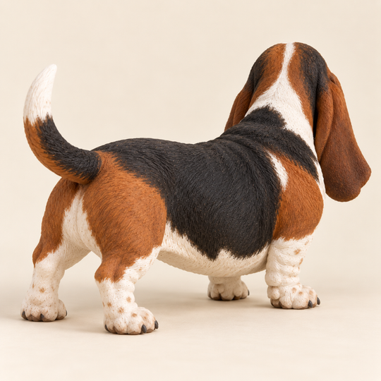Illustrative rear view of a custom Basset Hound polymer clay figurine.