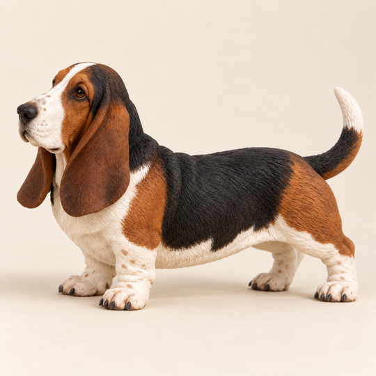 Illustrative side view of a custom Basset Hound polymer clay figurine.