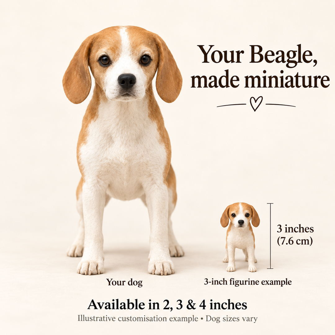 Illustrative Beagle comparison showing a small 3-inch figurine example beside a full-size dog; available in 2, 3 and 4 inches. Dog sizes vary.