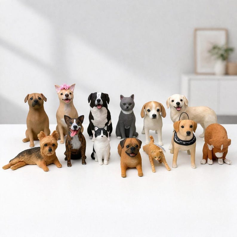 Original Etsy collection photo including a tan-and-white Beagle and other custom pet figurines; each pet is priced separately.