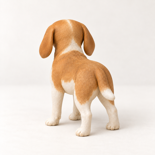 Illustrative rear view of a handmade tan-and-white Beagle polymer clay figurine.