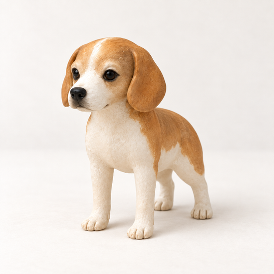 Illustrative side view of a handmade tan-and-white Beagle polymer clay figurine.