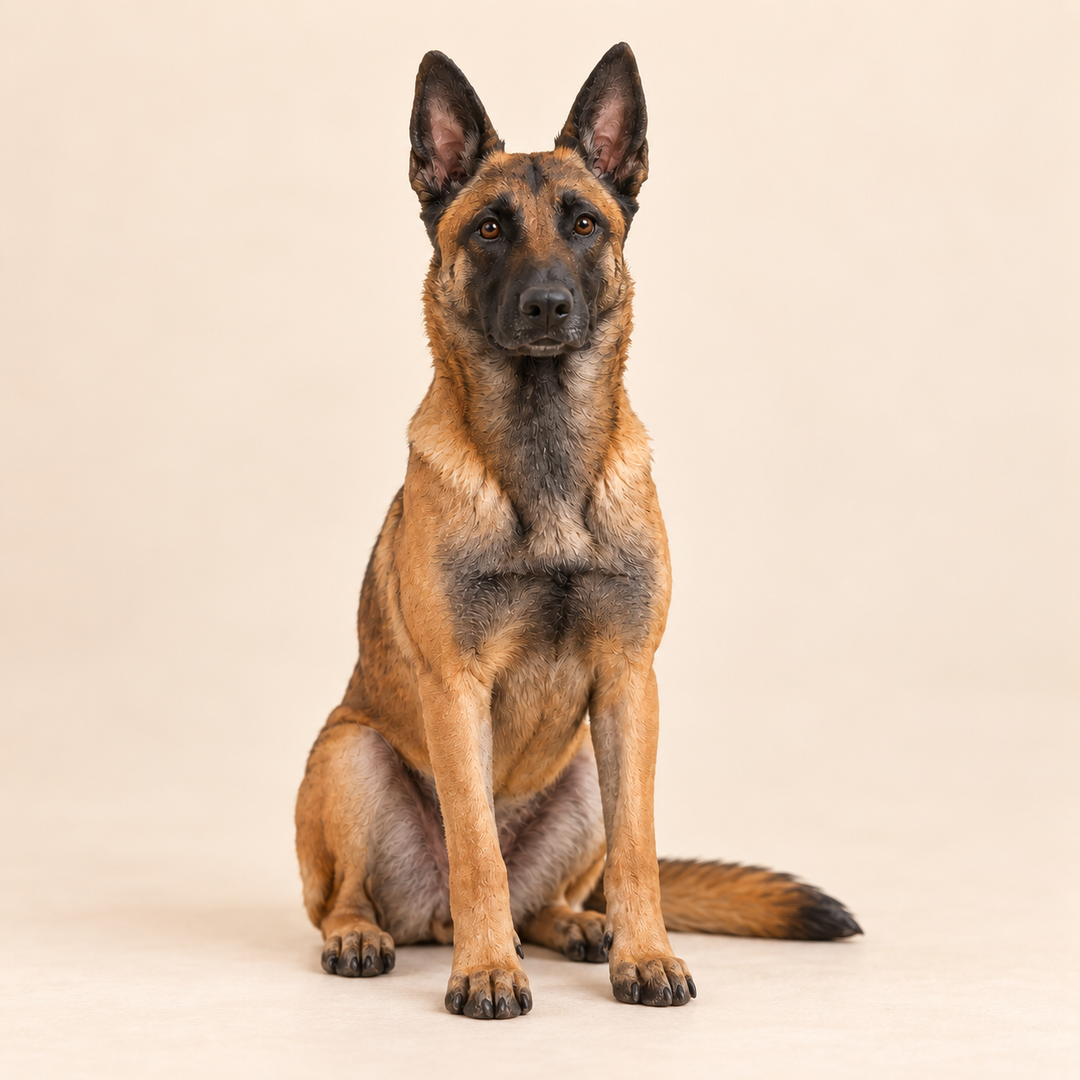 Illustrative front view of a custom Belgian Malinois polymer clay figurine.