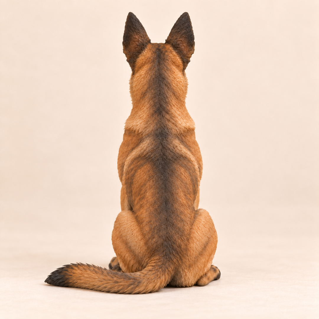 Illustrative rear view of a custom Belgian Malinois polymer clay figurine.