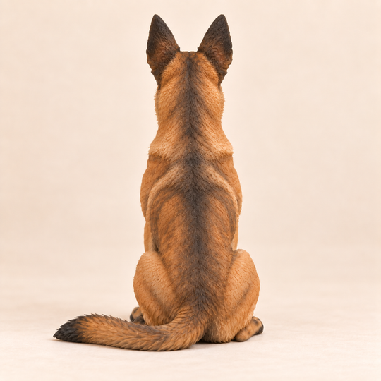 Illustrative rear view of a custom Belgian Malinois polymer clay figurine.