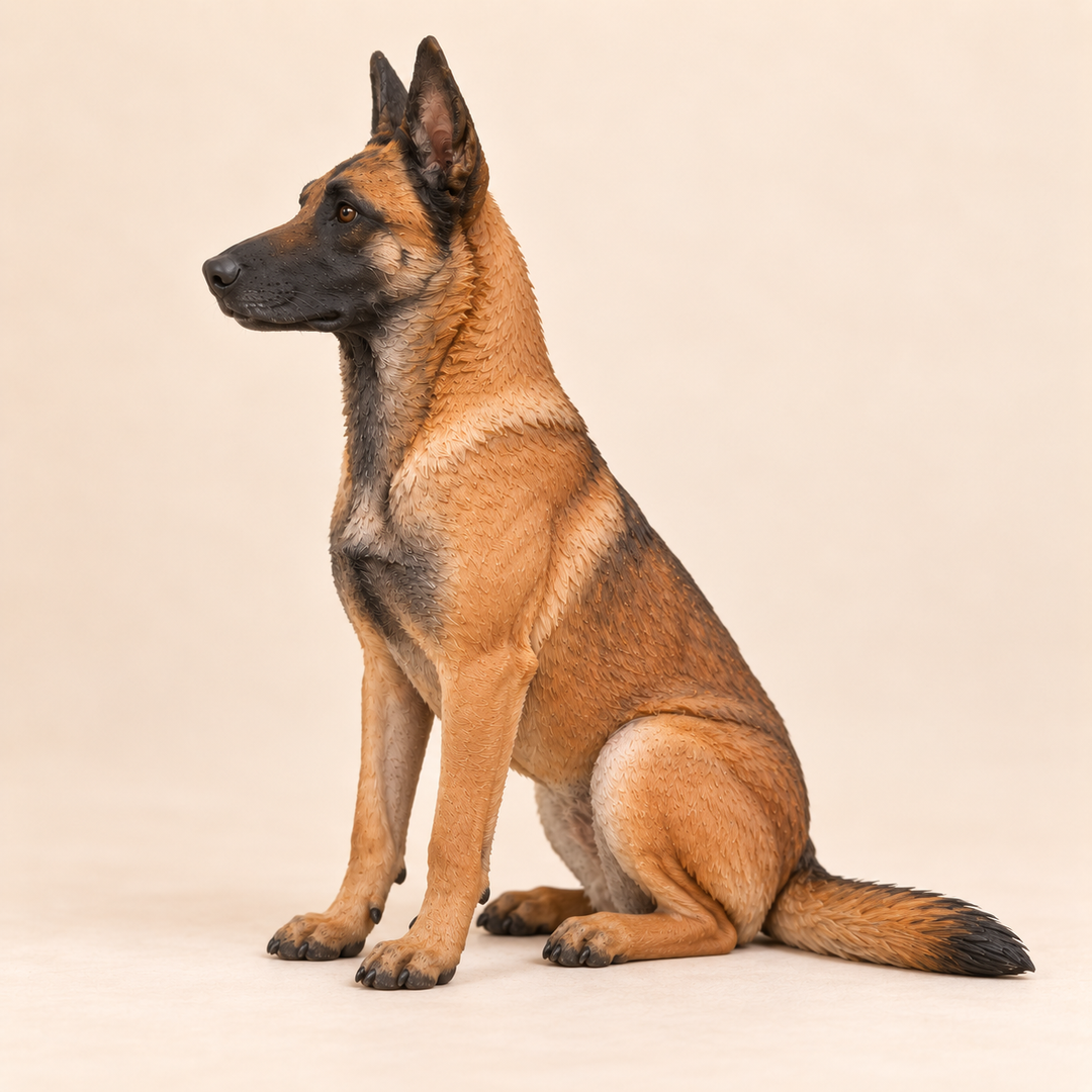 Illustrative side view of a custom Belgian Malinois polymer clay figurine.