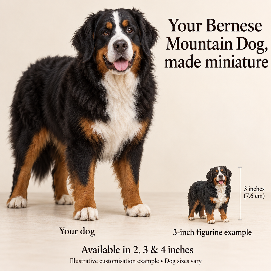 Illustrative Bernese Mountain Dog comparison showing a small 3-inch figurine beside a dog; available in 2, 3 and 4 inches. Dog sizes vary.