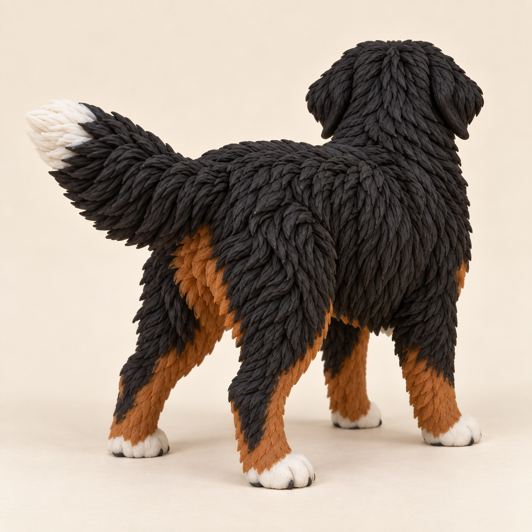 Illustrative rear view of a custom Bernese Mountain Dog polymer clay figurine.
