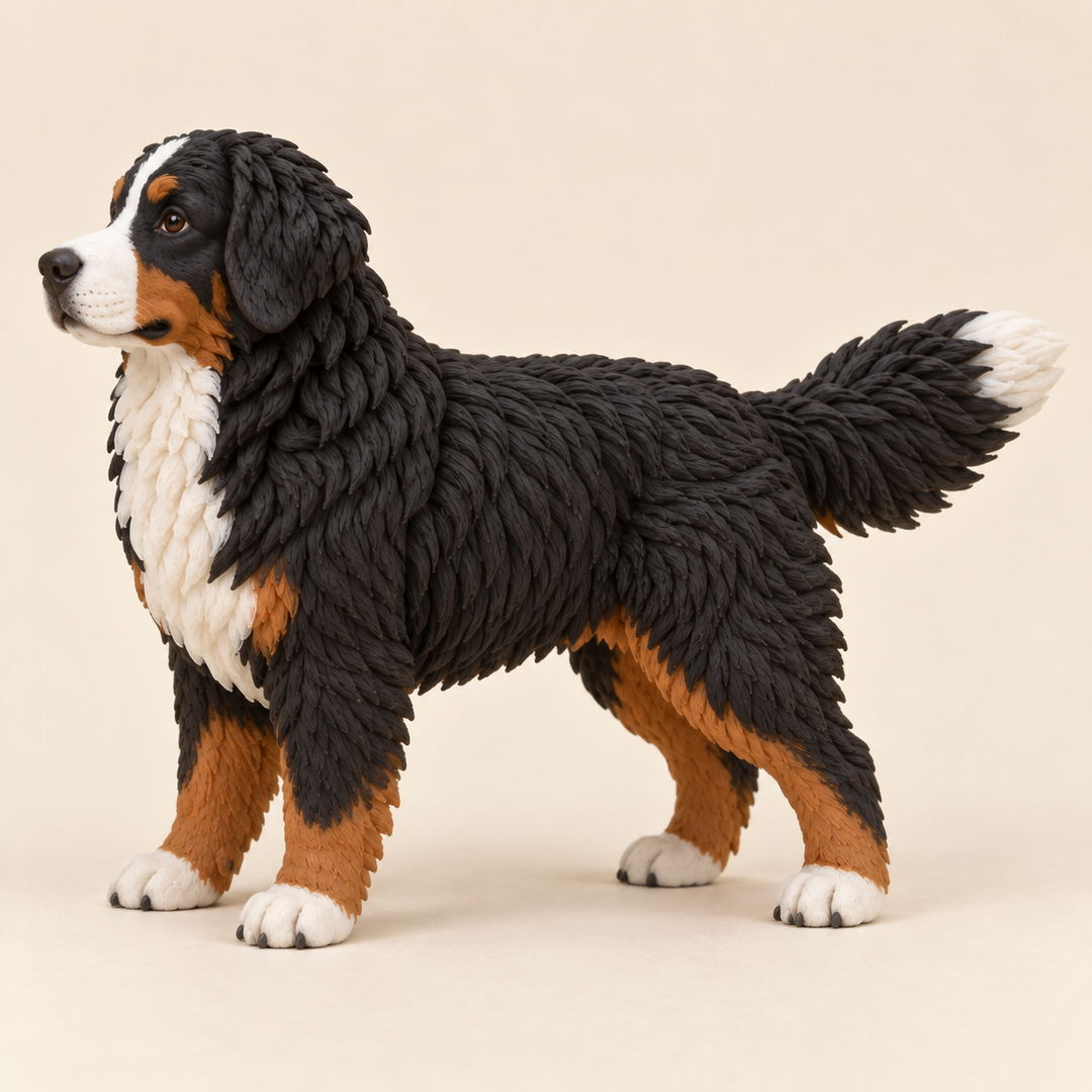 Illustrative side view of a custom Bernese Mountain Dog polymer clay figurine.