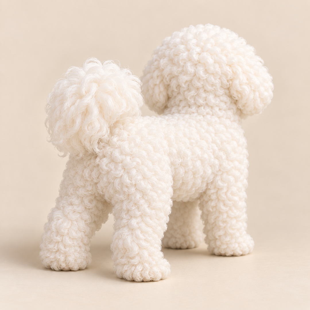 Illustrative rear view of a custom Bichon Frise polymer clay figurine.