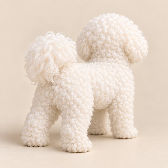 Illustrative rear view of a custom Bichon Frise polymer clay figurine.
