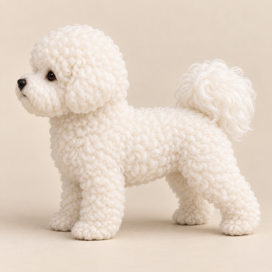 Illustrative side view of a custom Bichon Frise polymer clay figurine.