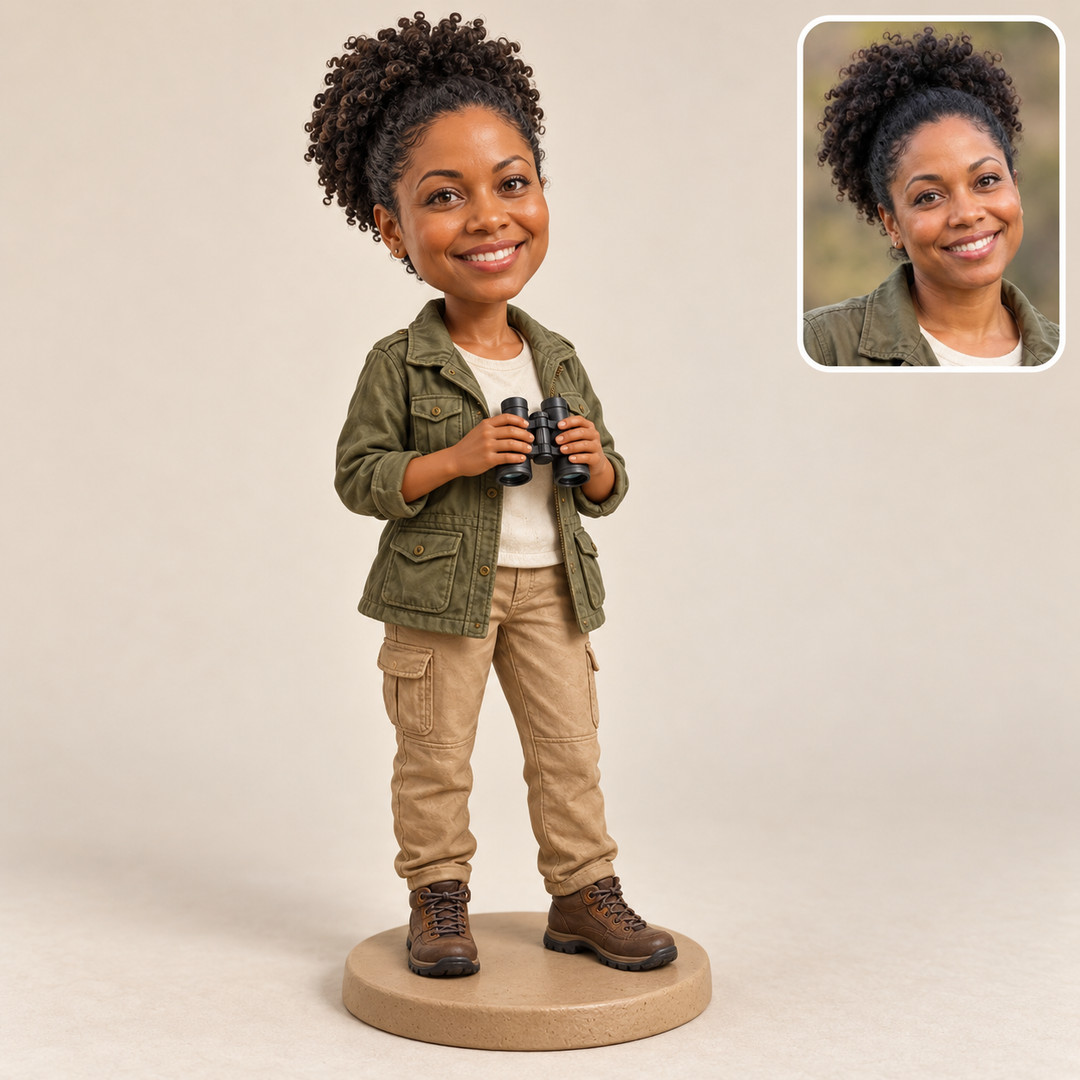 Illustrative AI-generated birdwatcher bobblehead with matching fictional human portrait and binoculars