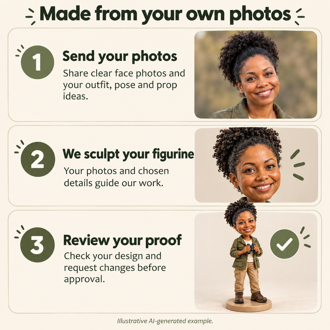 Send photos, we sculpt your figurine, then review your proof