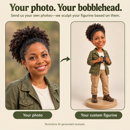 Submit your own photos for a custom birdwatcher figurine; AI-generated example