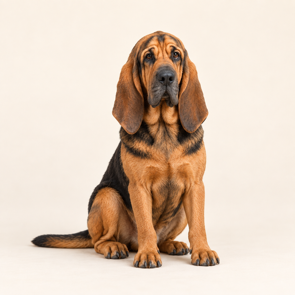 Illustrative front view of a custom Bloodhound polymer clay figurine.