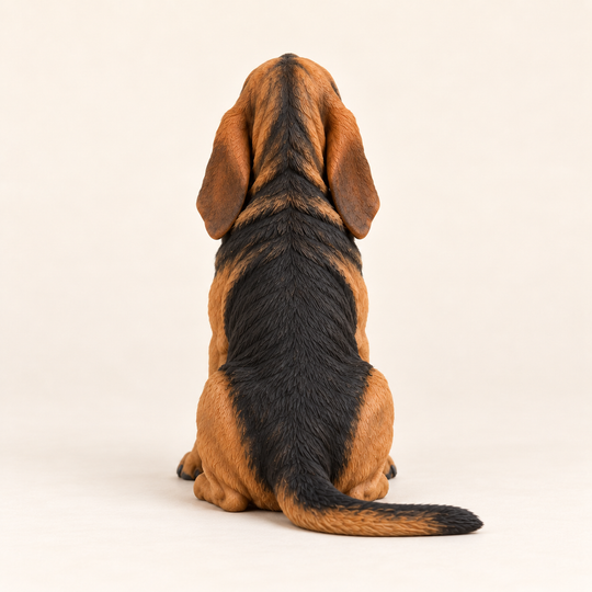 Illustrative rear view of a custom Bloodhound polymer clay figurine.