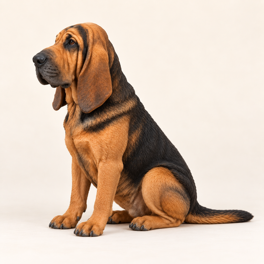 Illustrative side view of a custom Bloodhound polymer clay figurine.