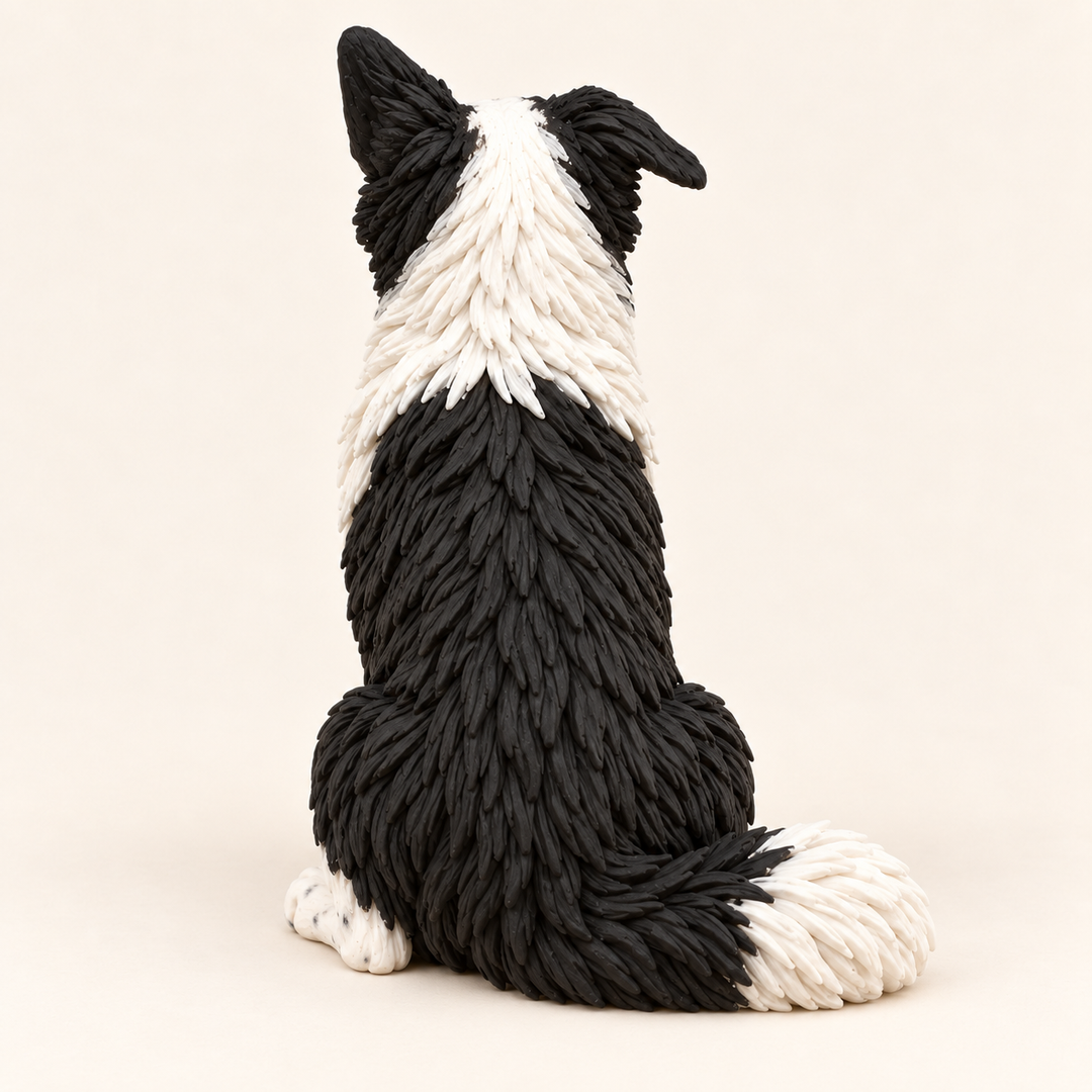 Illustrative rear view of a Border Collie figurine with a black coat, white collar and white-tipped tail.