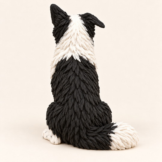 Illustrative rear view of a Border Collie figurine with a black coat, white collar and white-tipped tail.