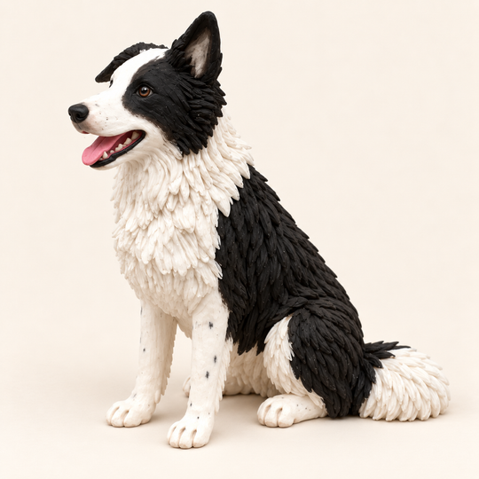 Illustrative side view of a seated black-and-white Border Collie polymer clay figurine.