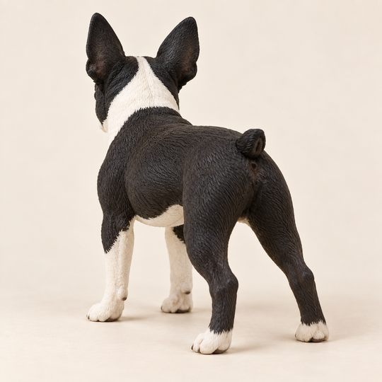 Illustrative rear view of a custom Boston Terrier polymer clay figurine.