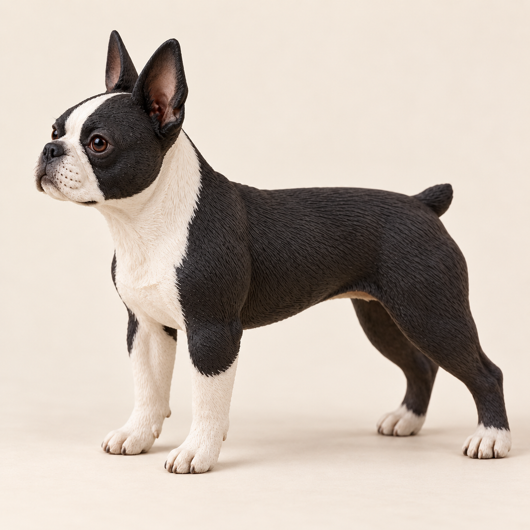 Illustrative side view of a custom Boston Terrier polymer clay figurine.